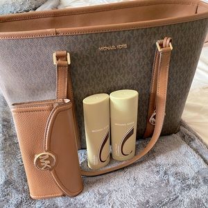 MK laptop tote, wallet, rain repellent & cleaners